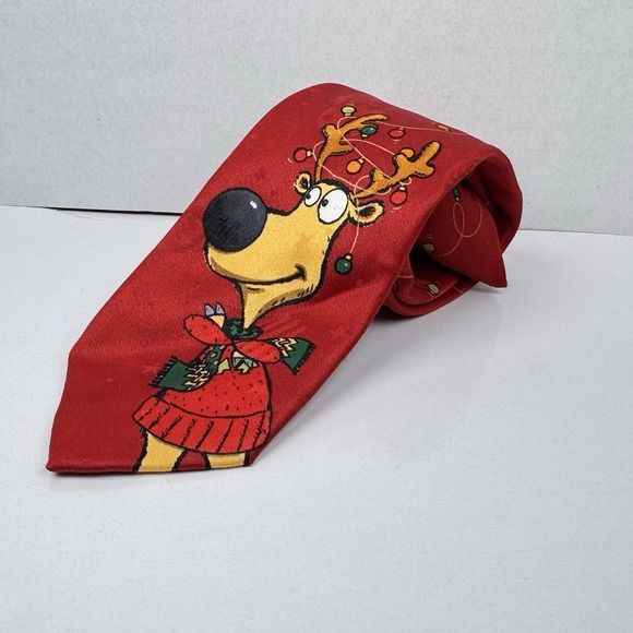 Christmas Novelty Neck Tie Boys Red Reindeer Holiday Lights Clip-On 14" Vintage - Picture 1 of 12